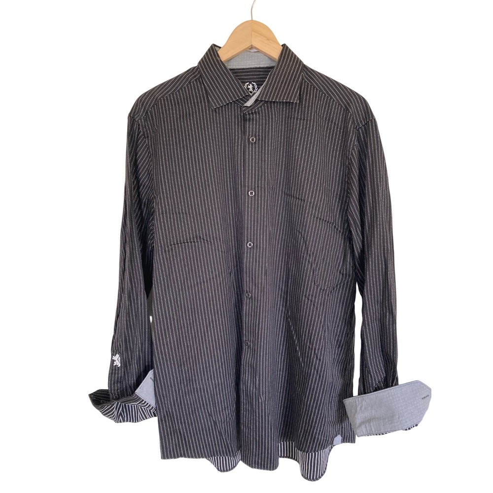 Bugatchi Uomo Mens Long Sleeve Button Down Shirt Black White Stripe Cotton L
